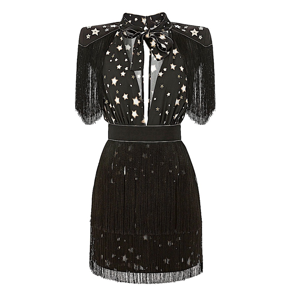 ELISABETTA FRANCHI Star Mini Dress With Gold Stars Fringe Small / IT42 European